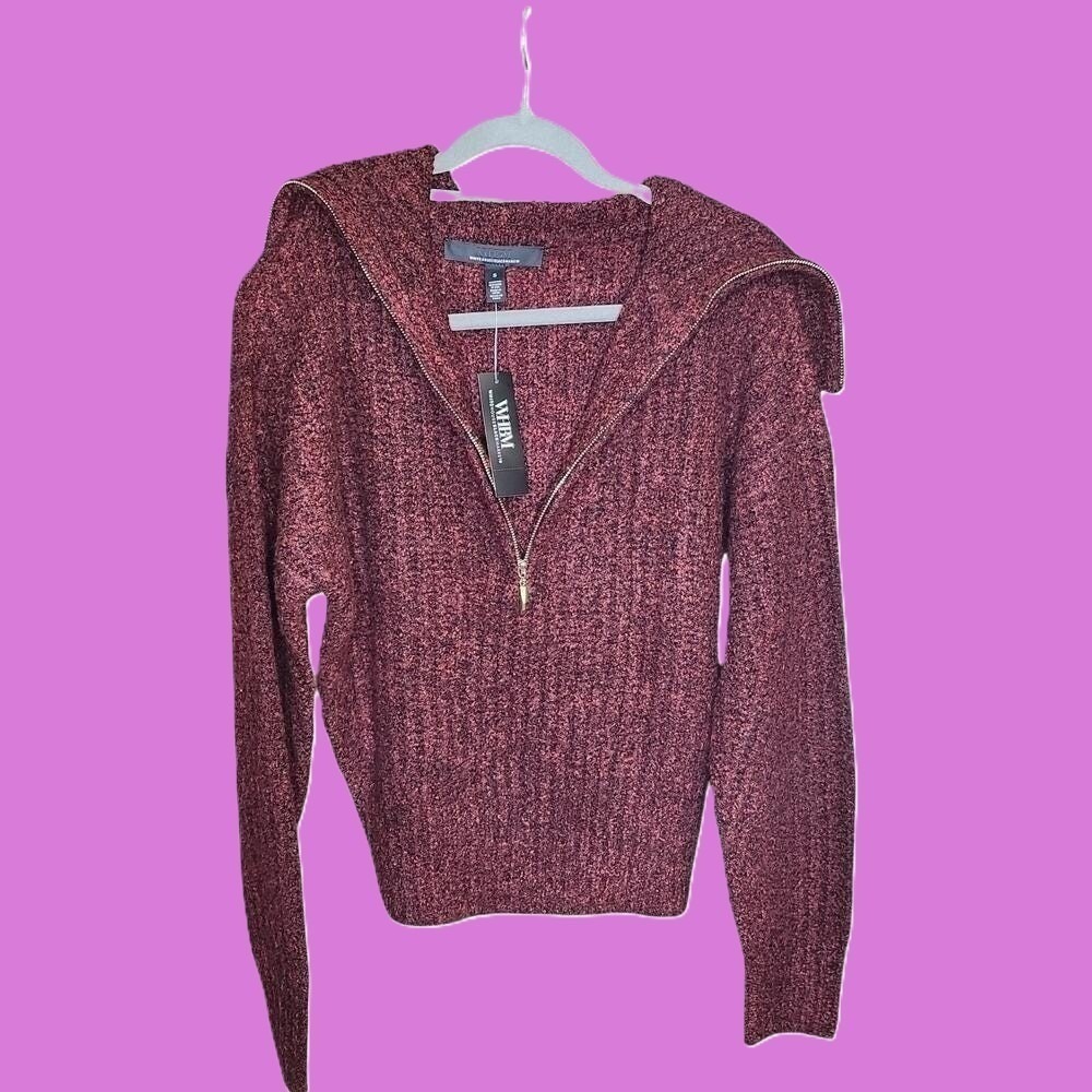 NWT WHBM Burgundy Marled Quarter Zip Sweater Small - Picture 2 of 6